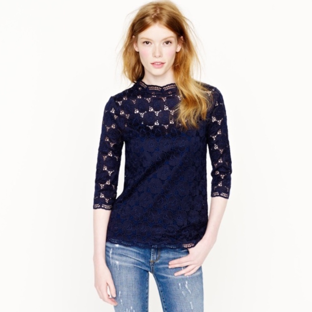 J. CREW Collection 🔹 Navy Blue Floral Lace Mockneck Top - Size S
